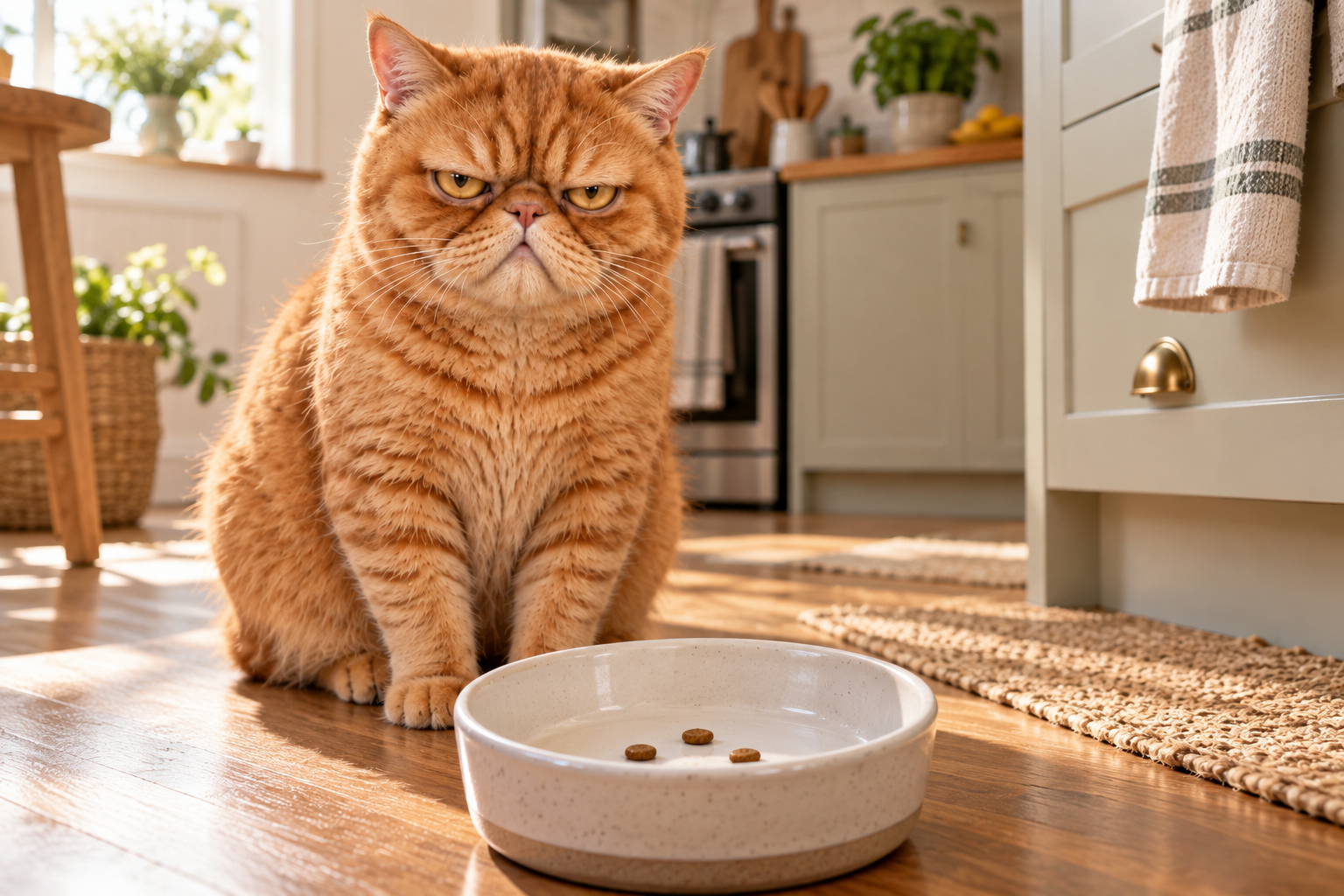 Grumpy looks at his bowl containing only three pieces of kibble