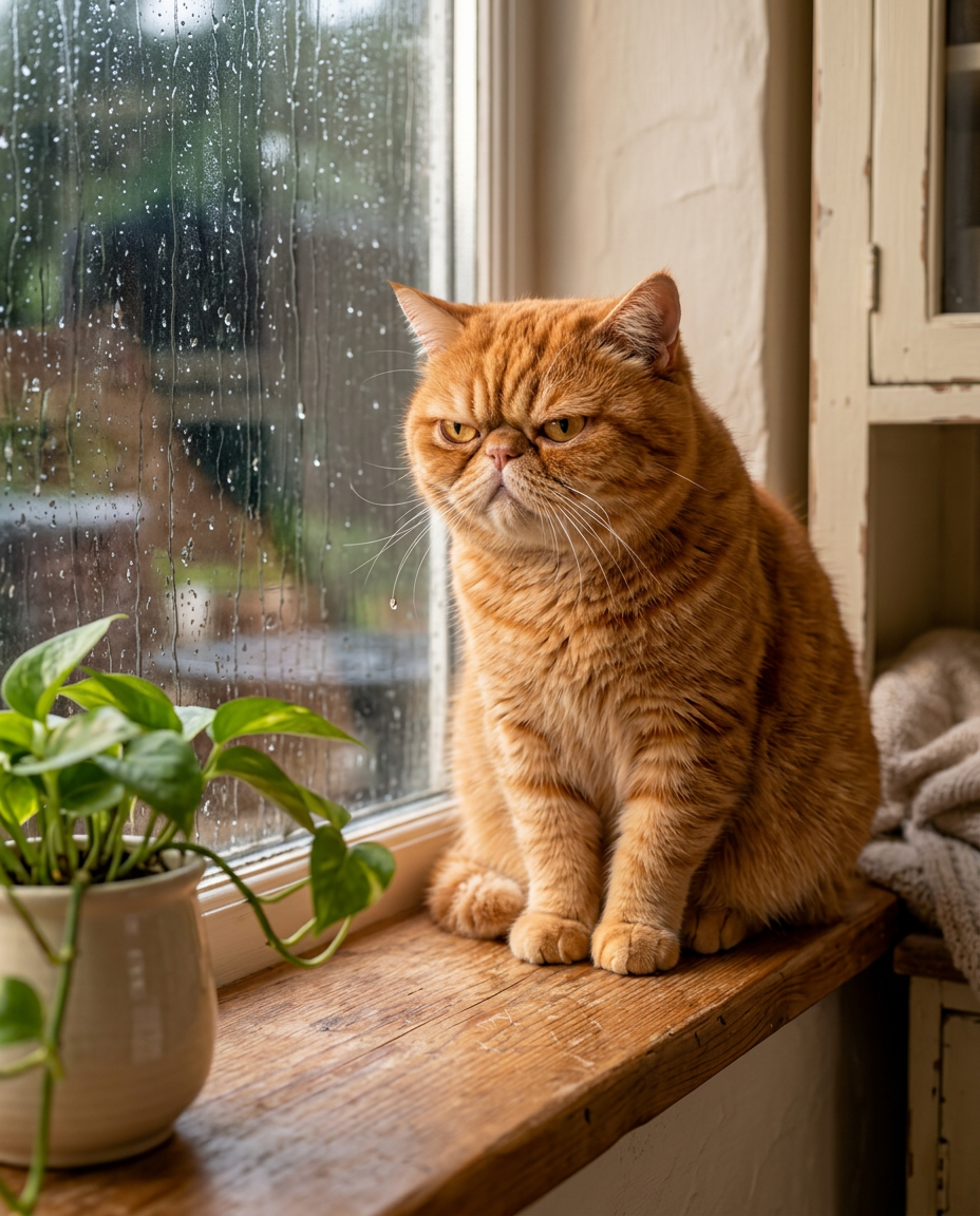 Grumpy watches rain ruin his plans through a window