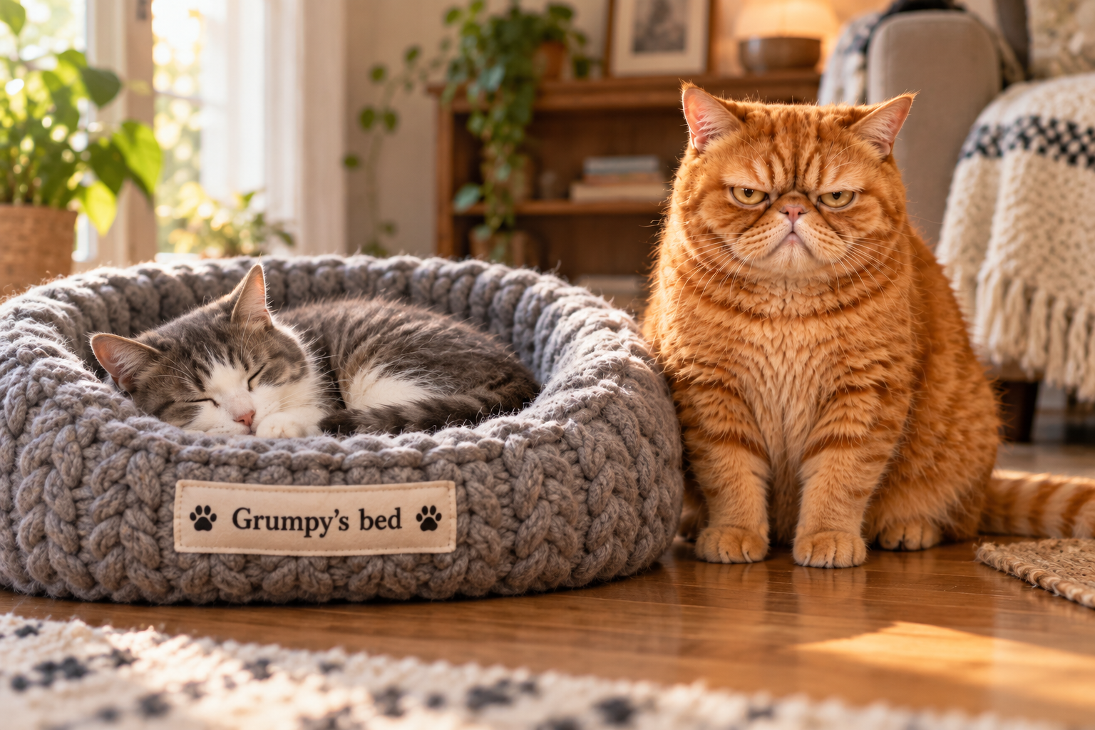 Another cat sleeps in Grumpy's bed while he glares beside it
