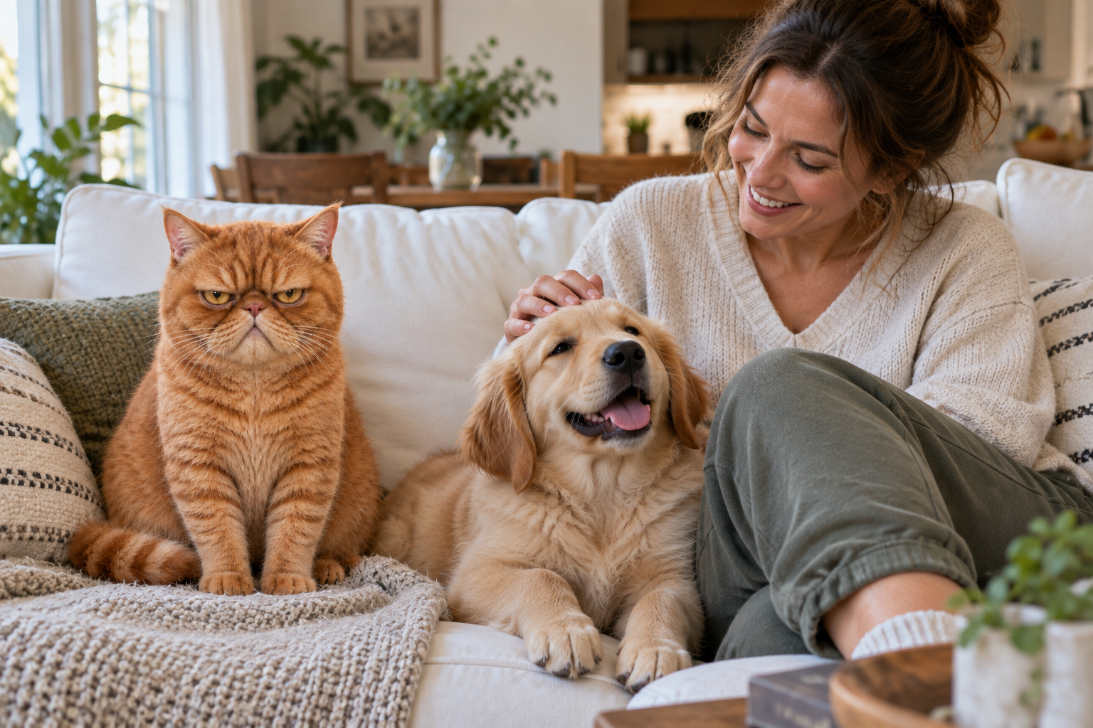 Grumpy is ignored while a woman pets the dog