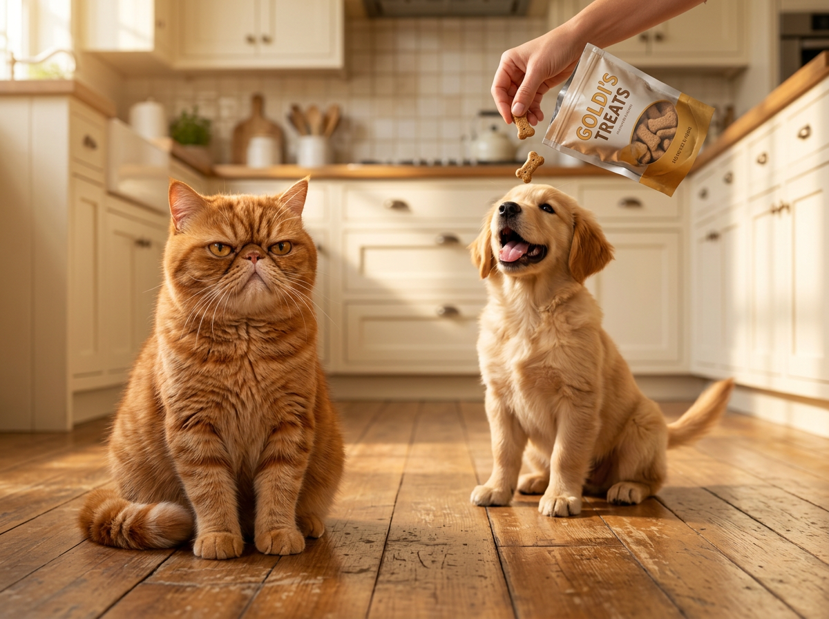 A dog receives a treat while Grumpy watches
